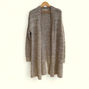 Duster cardigan by Loft. Variegated knit in cream, light gray and charcoal gray.